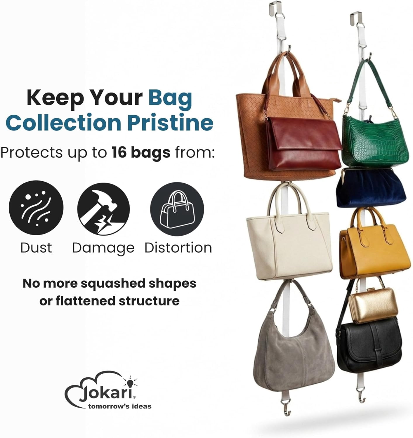 RGHJAR-Heavy Duty 16 Hook Over The Door Purse Rack for Hats and Accessories. Adjustable Straps and Movable Velcro Hooks To Store, Organize and Display Bags, Scarves or Caps Saving Closet Storage Spac