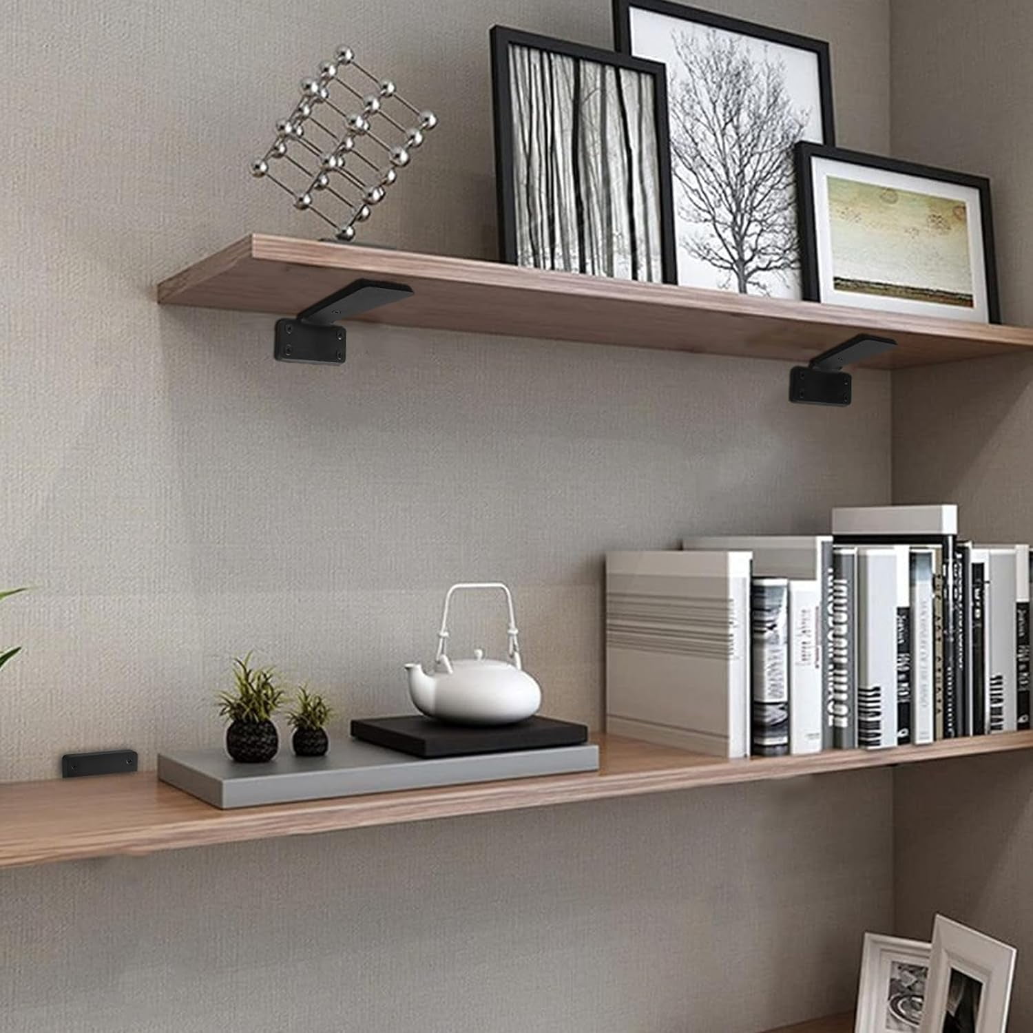 RGHJAR-Heavy Duty Floating Shelf Brackets, 4-Inch (1/5'' Thick) Hidden Shelves Hardware, Iron L Brackets, Rustic Industrial Black Metal Wall Shelving Supports, 4 Pack
