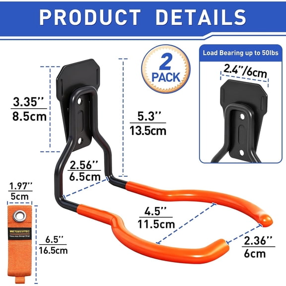 RGHJAR-Heavy Duty Garden Power Tool Hanger, Garage Storage Utility Hooks with Storage Straps, Electric Tool Hooks, String Trimmer Hangers, Garden Tool Organizer, Weedeater Rack (2, Orange)