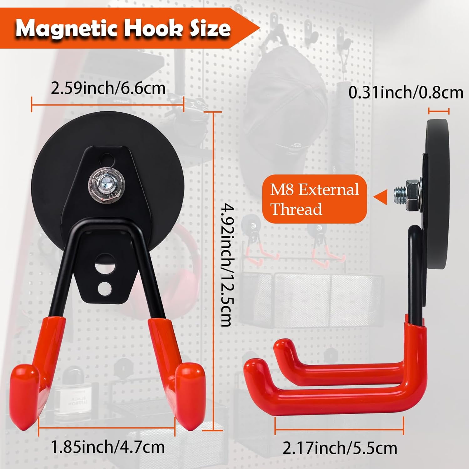 RGHJAR-Heavy Duty Magnetic Hooks – Strong Storage Utility Magnet Hook with Anti-Slip Rubber Coating for Power Tools, Garden Equipment, Pegboard, Garage & Workshop Use (Medium Hook - 2 Pack)