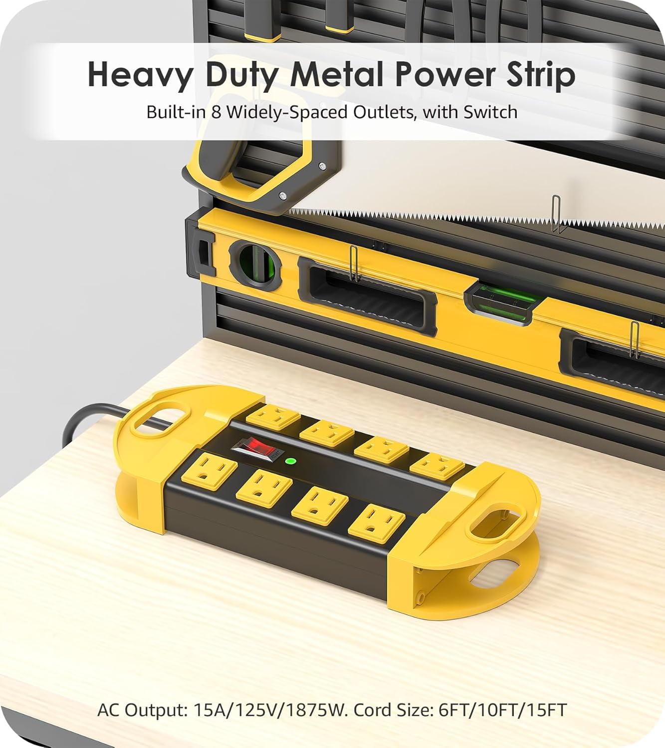 RGHJAR-Heavy Duty Power Strip Surge Protector, Metal 8 Outlets Power Strip for Appliance. Garage Shop Industrial Workbench 15 AMP Outlets Strip. 6FT Extension Cord, Yellow