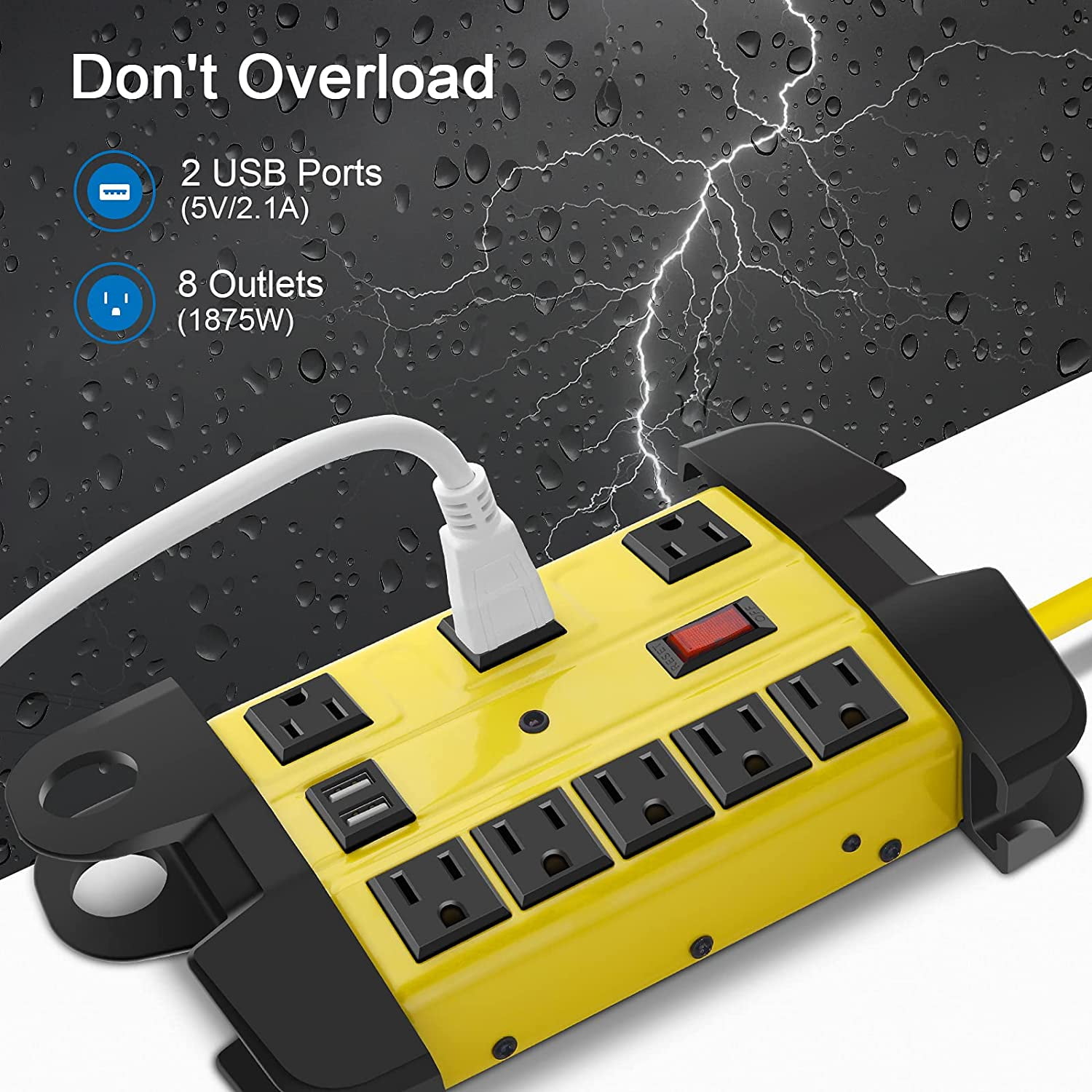 RGHJAR-Heavy Duty Power Strip with USB, Workshop 8 Outlet Surge Protector 2700 Joules, Industrial Metal 15Amp Power Strip, 6FT Extension Cord and Wide Spaced. Yellow