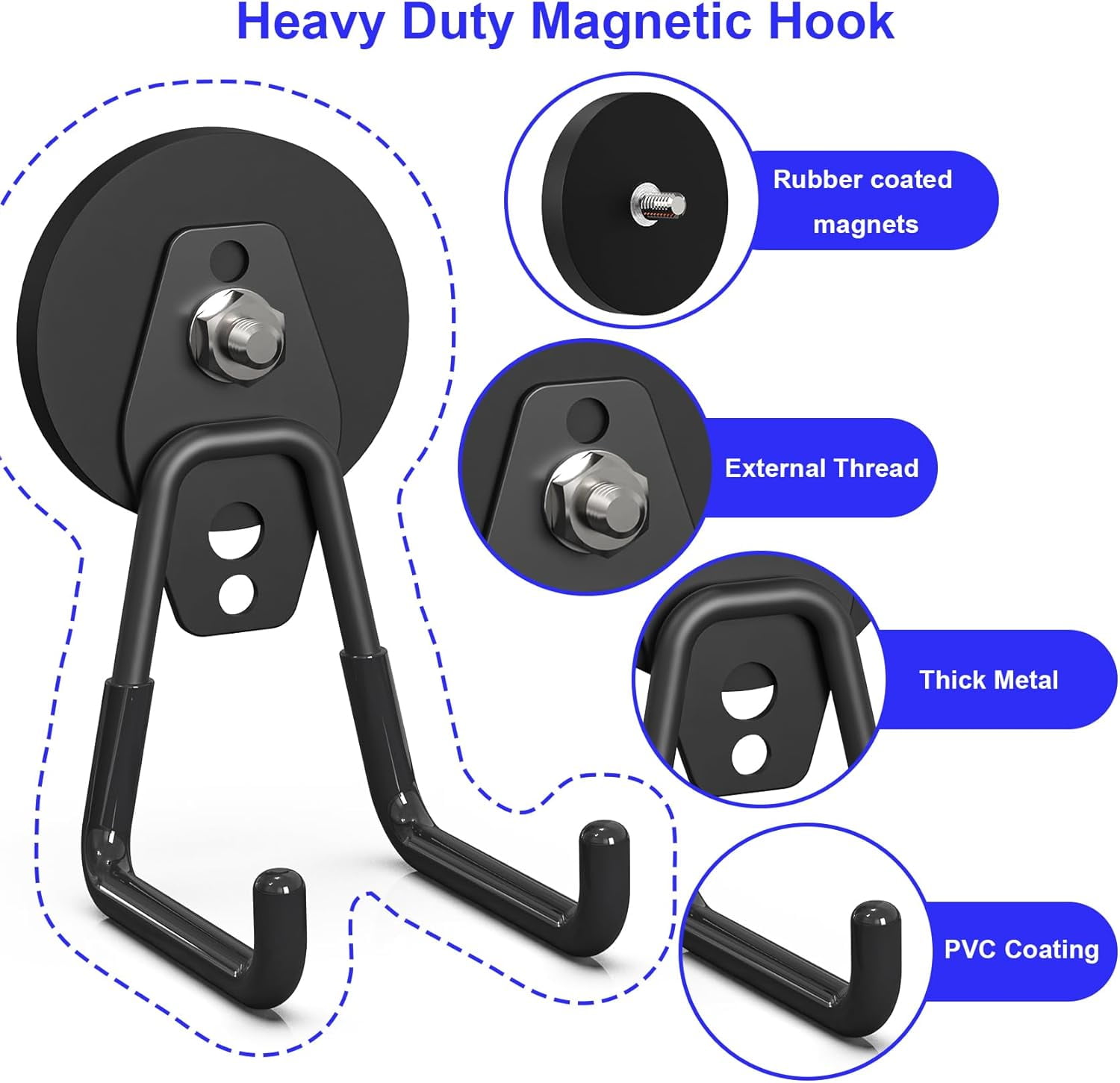 RGHJAR-Heavy Duty Storage Magnetic Utility Hooks Large Garage Magnet Hooks with Anti-Slip Coating for Metal Cabinet,Pegboard,Garage Shelve,Garden Tools (3PCS 2.59'' Black)