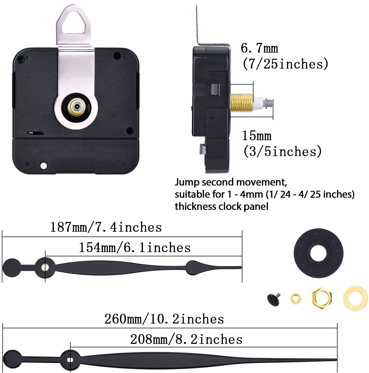 RGHJAR-High Torque Quartz Clock Replacement Parts, Battery Operated, Silent Sweep Replacement Mechanism for Clock Repair DIY Craft. Includes 8.2" Spade Hands & Hanger (Shaft Length 15mm/ 3/5 Inches)