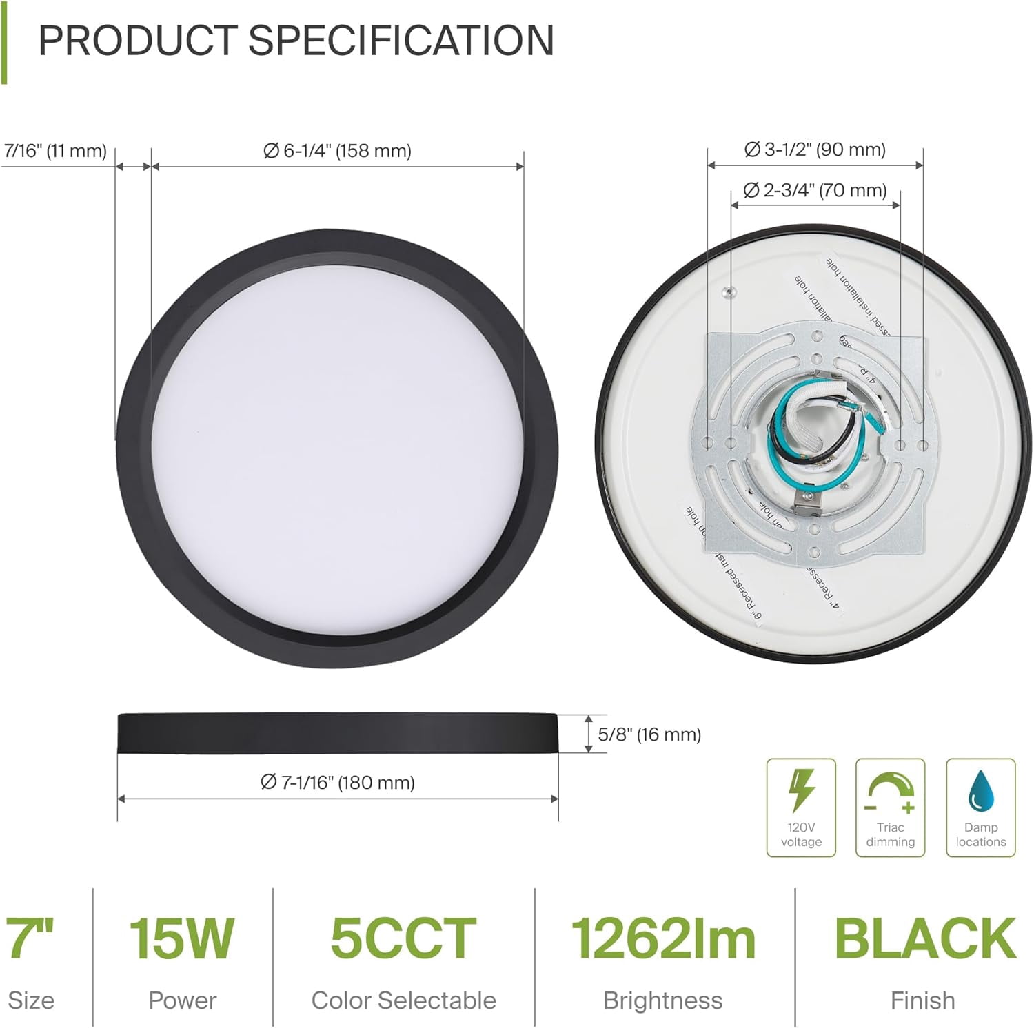 RGHJAR-LED 7" Round Flush Mount Ceiling Light Fixture, Low Profile Surface Lighting | 5CCT, Dimmable, Ultra-Thin, ETL Listed | 15W 1260LM 2700-6000K 120V | Kitchen, Bedroom, Hallway Lamp | Black
