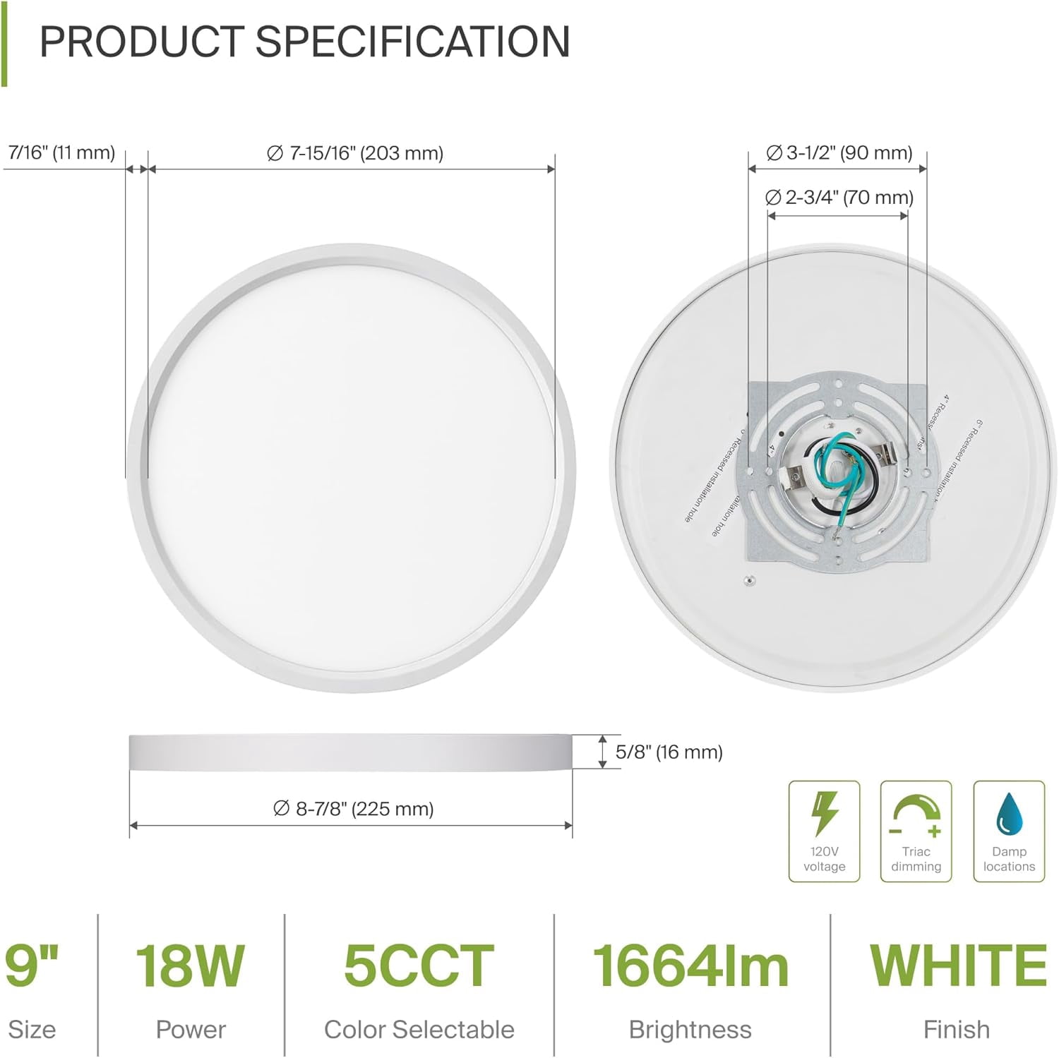 RGHJAR-LED 9" Round Flush Mount Ceiling Light Fixture, Low Profile Surface Lighting | 5CCT, Dimmable, Ultra-Thin, ETL Listed | 18W 1660LM 2700-6000K 120V | Kitchen, Bedroom, Hallway Lamp | White