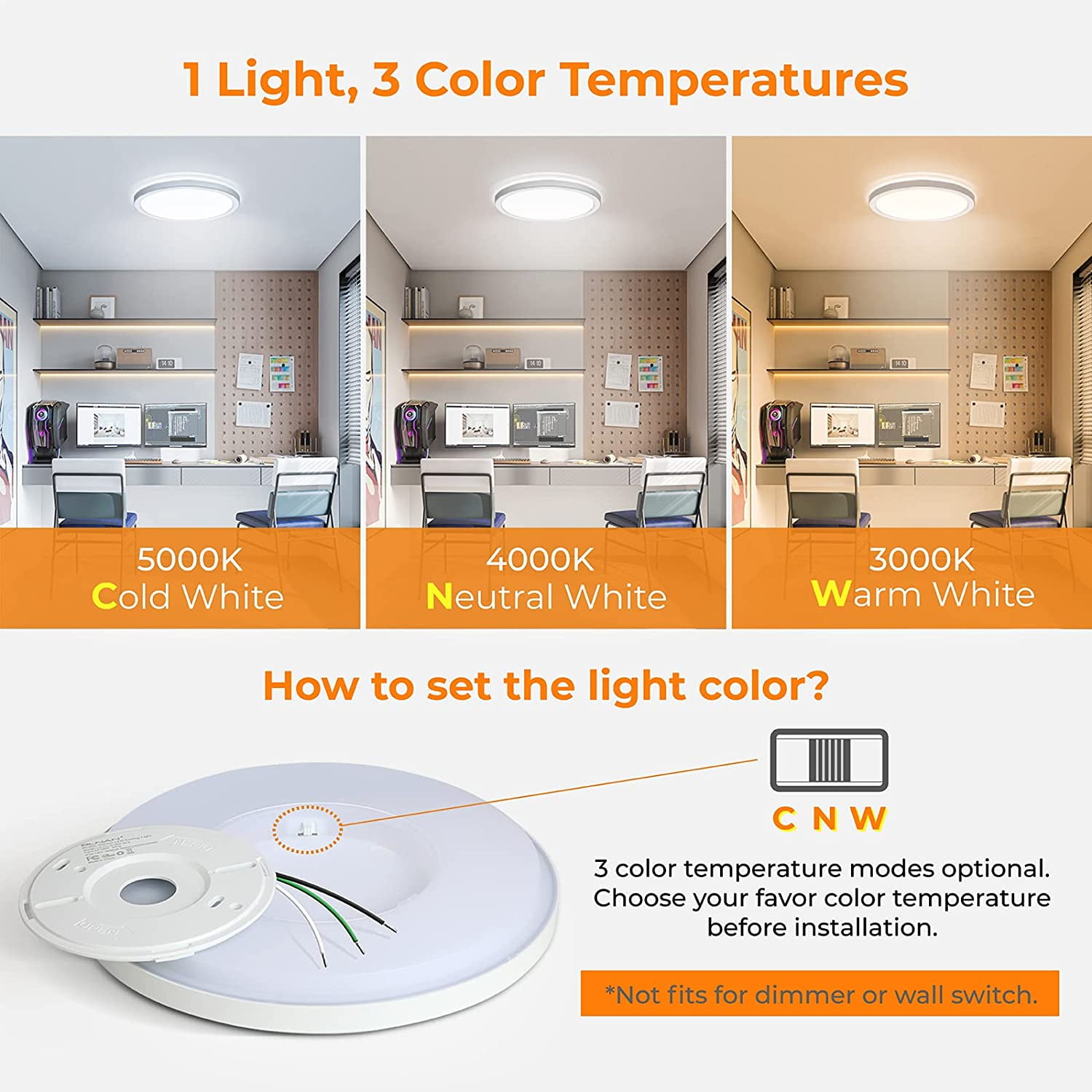 RGHJAR-LED Flush Mount Ceiling Light, 12 Inch 24W 3000K/4000K/5000K Hardwire Light Fixture, Ultra Thin Round White Lamp for Kitchen Porch Bedroom Hallway Stairwell Basement, Non-dimmable 1 Pack