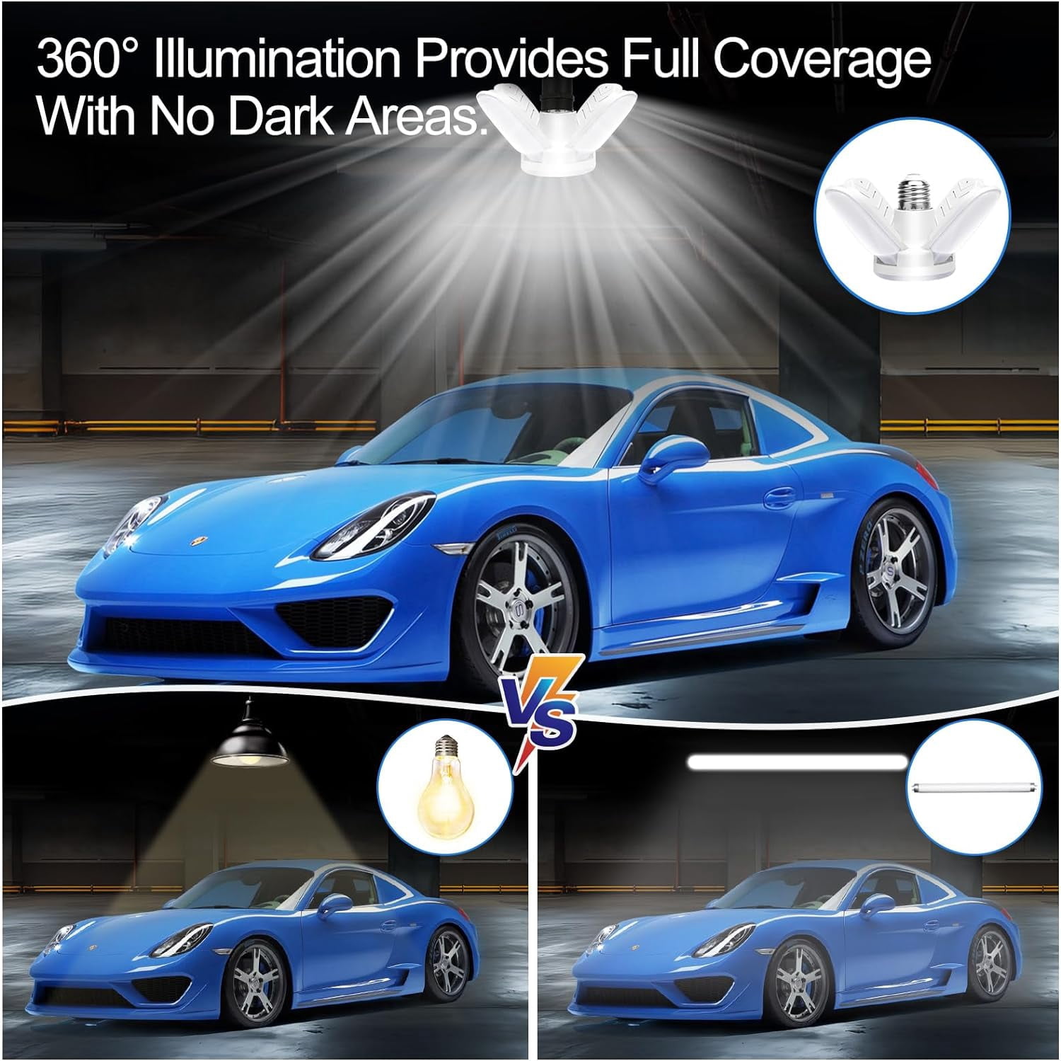 RGHJAR-LED Garage Lights 2 Pack, 50W LED Shop Light with 4+1 Multi-Position Panels Deformable E26/E27 Ceiling Light, 6500k 5000LM Ceiling Led Daylight for Shop, Basement, Workshop, Attic, Barn