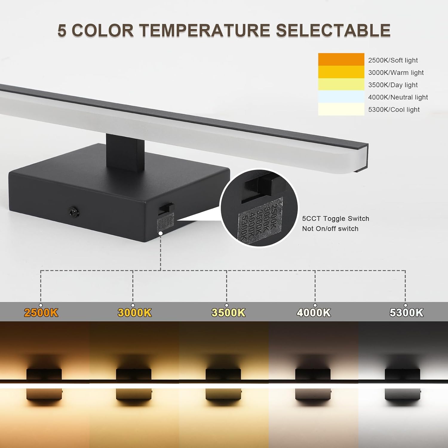 RGHJAR-LED Modern Bathroom Vanity Light Fixtures Dimmable 5CCT 12W Lights Over Mirror Black Wall Light Bar for Bathroom 15.7 inch ETL Certificated