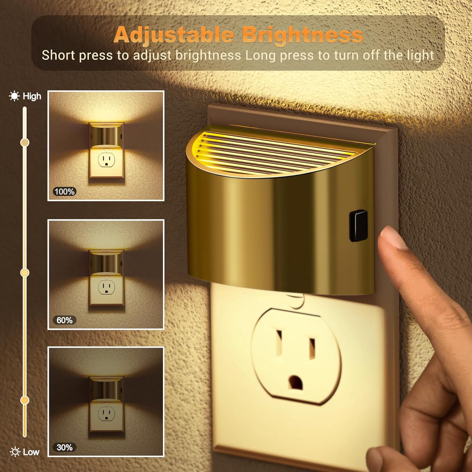 RGHJAR-LED Night Lights Plug into Wall, 2 Pack Gold Modern Night Lights, Dusk to Dawn Sensor Nightlight,0-100LM Brightness Adjustable, 3000K Soft White