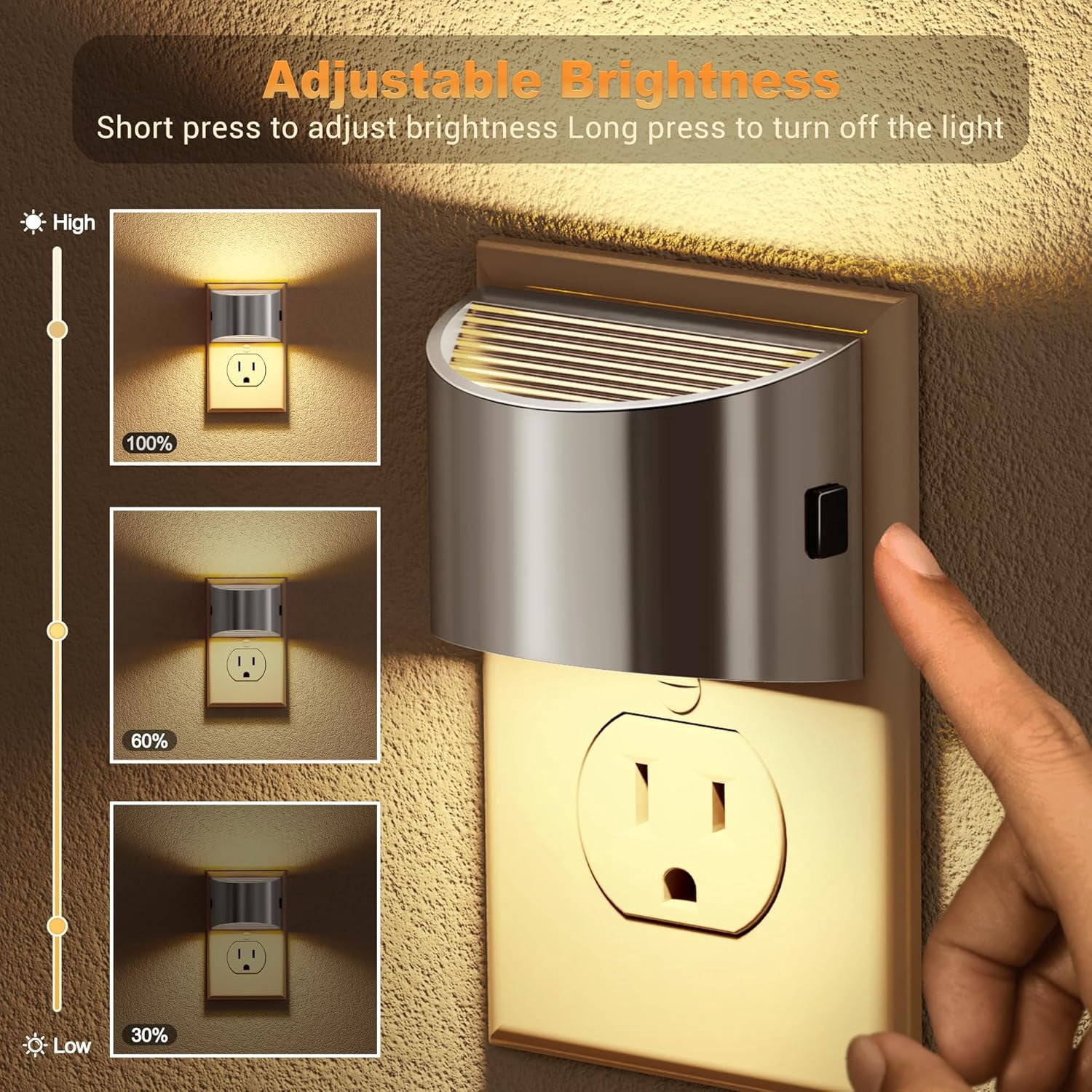 RGHJAR-LED Night Lights Plug into Wall, 2 Pack Modern Night Lights, Dusk to Dawn Sensor Nightlight, 0-100LM Brightness Adjustable, 3000K Soft White(Silver)