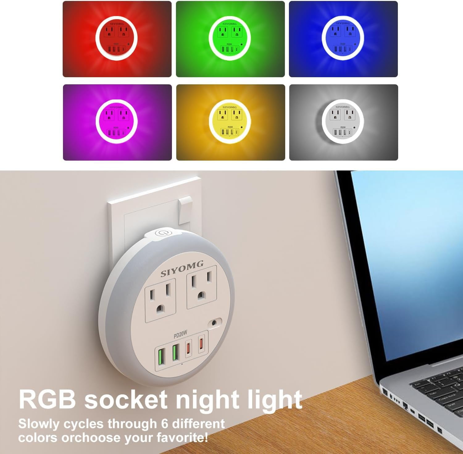 RGHJAR-LED Night Lights Plug into Wall, Plug in Night Light with 4 USB Ports and 2 Outlets, Smart Dusk to Dawn Sensor 6-Color Adjustable, Night Light for Bathroom Bedroom Hallway