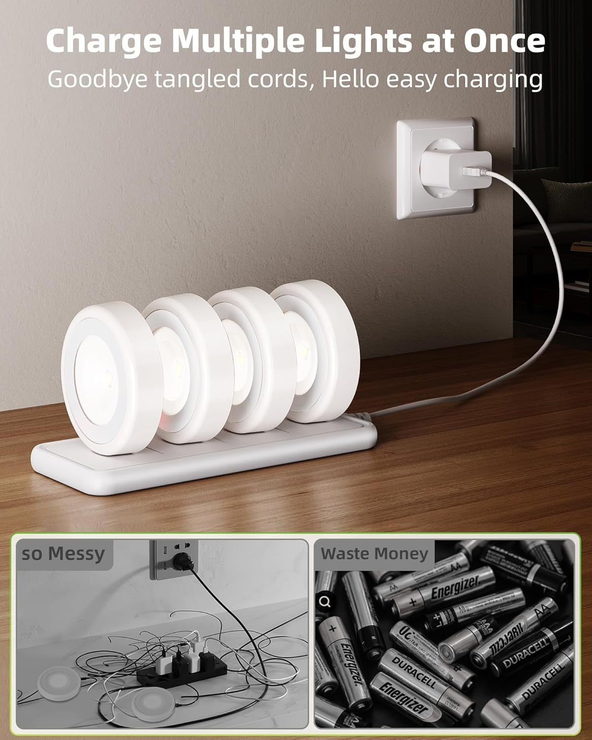 RGHJAR-LED Puck Lights with Charging Station, Rechargeable Sitck On Tap Lights, Wireless Closet Light, 3 Color Temps, Under Cabinet Lights, 2.5'' Mini Touch Light for Kitchen,Pantry,Shelves(4 Pack)