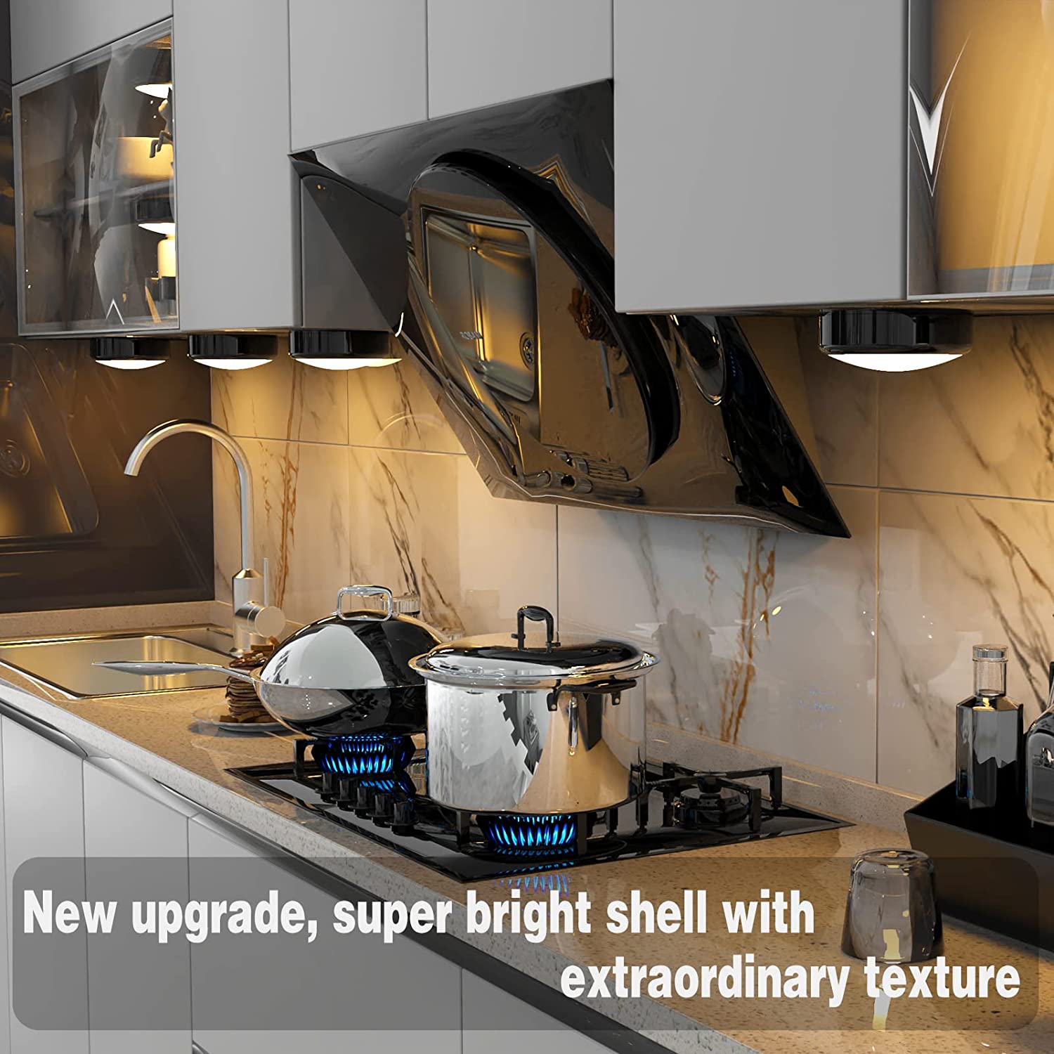 RGHJAR-LED Puck Lights with Remote, 6 Pack Under Cabinet Lighting, Battery Operated Push Light, Dimmable & Color Changing Tap Lights, Stick-On, Shiny Black