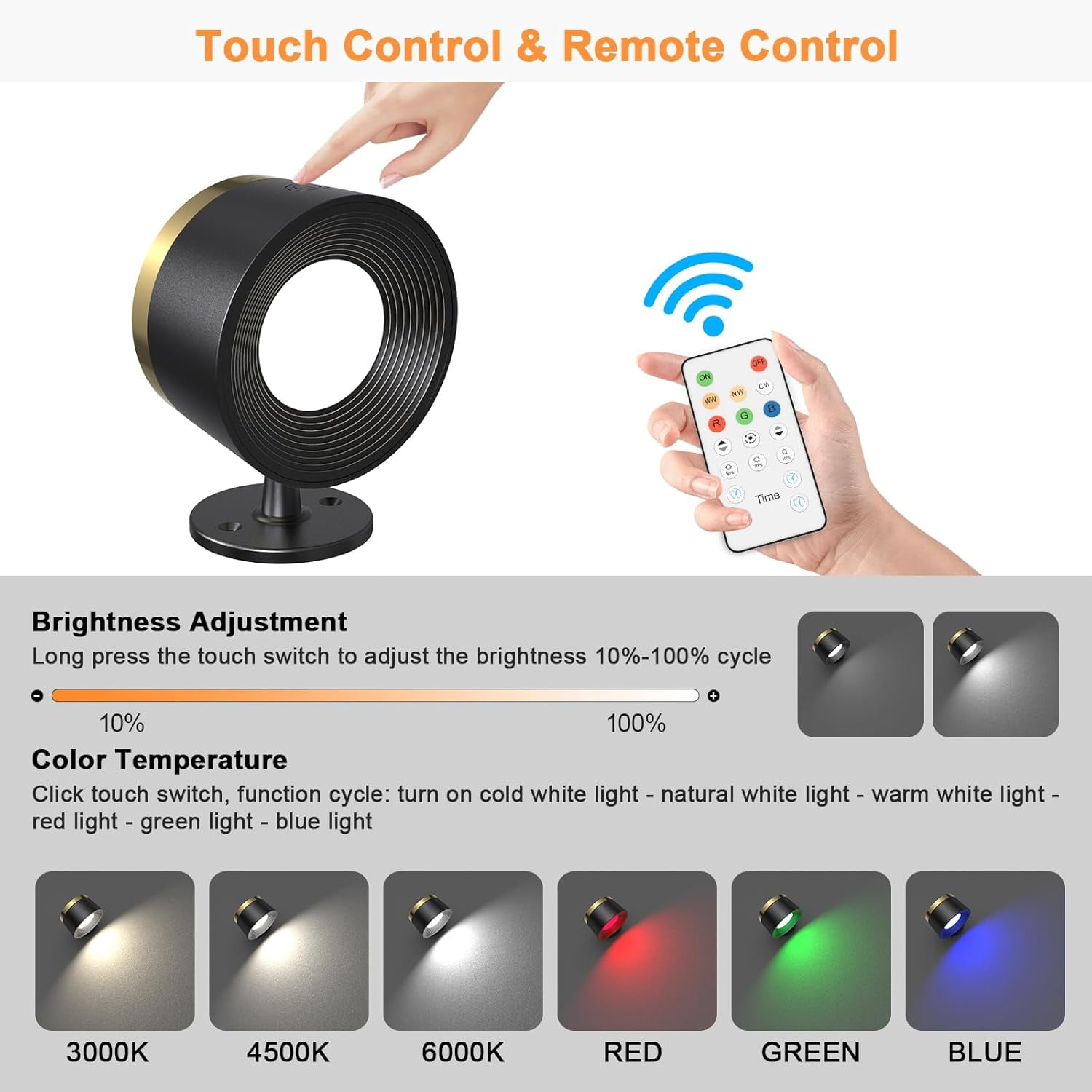 RGHJAR-LED Wall Sconces Set of Two, Rechargeable Battery Operated Wall Lights with Remote, Wall Lamp Wireless 3 Color Temperatures + 13 RGB & Dimmable Magnetic 360° Rotation (1 pc Black)