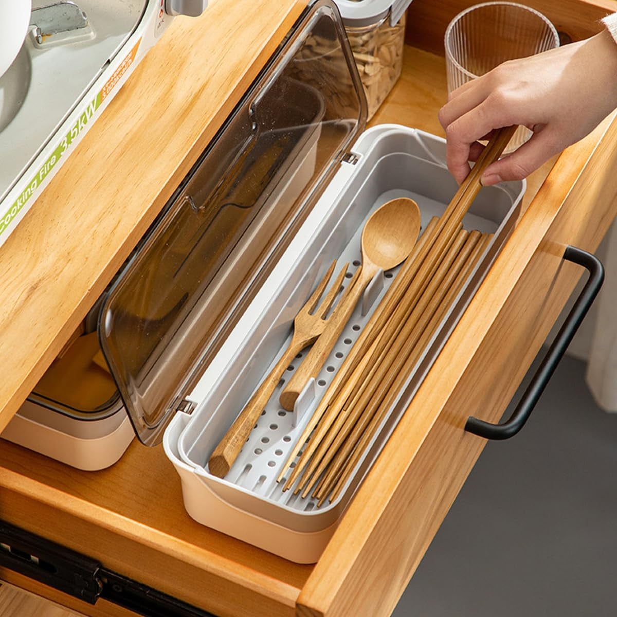 RGHJAR-Large capacity Plastic Kitchen Drawer Organizer with Lid and Drainer Stackable Utensil Holder for Countertop Silverware Tray Flatware Organizers - 12.6x4.7x2.4 Inch Spatula Cutlery Tray