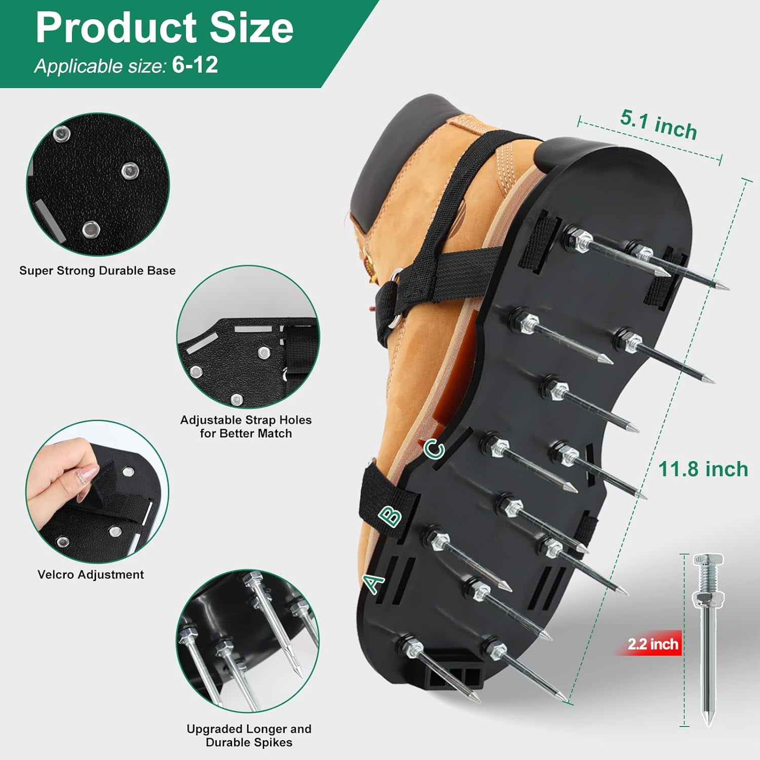 RGHJAR-Lawn Aerator Shoes, 2.2'Heavy Duty Spike Shoes Lawn Aerating with Hook&Loop Straps, Pre-Assembled Lawn Aerator Tool, One Size Fits All Spiked Sandals for Garden Patio Grass