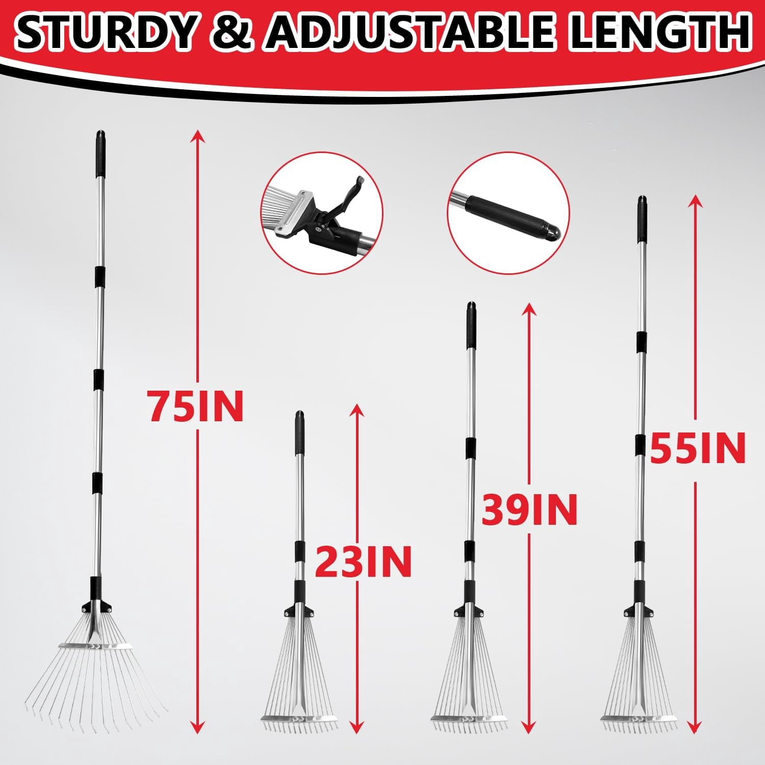 RGHJAR-Leaf Rake Adjustable 23" to 75" - Stainless stelel Rake for Leaves, Garden Tools for Yard Lawn Shrub Garden Beds, Rastrillo para Jardin