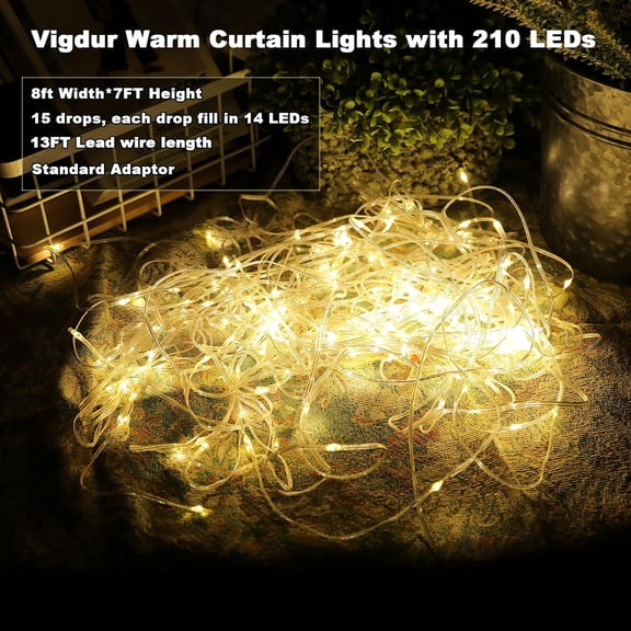 RGHJAR-Led Curtain String Lights, 8FT Window Fairy Lights for Bedroom with 210 Warm LEDs, Hanging Twinkle Indoor String Light for Party Wedding Garden Wall Decor(8 * 7ft)
