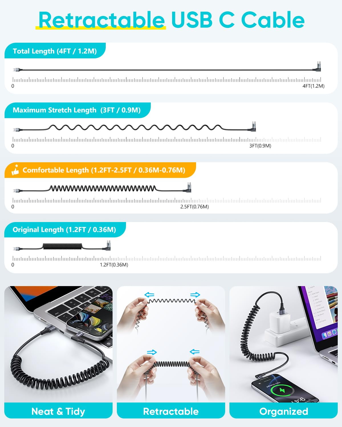 RGHJAR-Long Right Angle Coiled USB C Cable for Heavy Duty Cases 5FT [Stretches from: 1-2.5FT], 2Pack 90 Degree USB to USB C Cable Android Auto & Carplay for iPhone 17/16/15, Travel & Outdoor Use