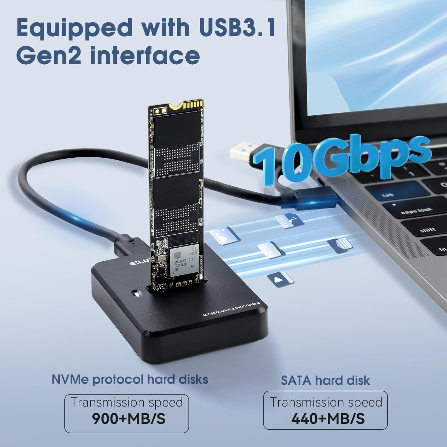RGHJAR-M.2 NVMe & SATA to USB C Docking Station Dual Protocol M.2 to USB C Adapter 10Gbps External SSD Enclosure for M Key, B+M Key Support 2280 2260 2242 2230 SSDs with 2in1 Cable