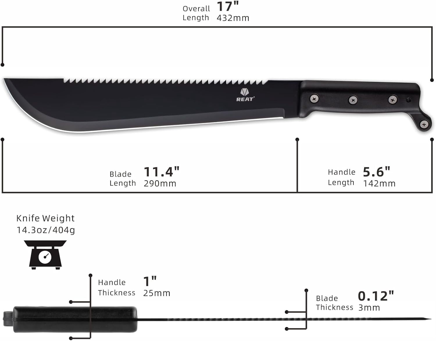 RGHJAR-Machete with Saw, 17" Full Tang Fixed Blade Hunting Knife with Sheath, Ergonomic No-Slip Handle,Machetes for Cutting Trees,Yard Work,Bushcraft, Survival