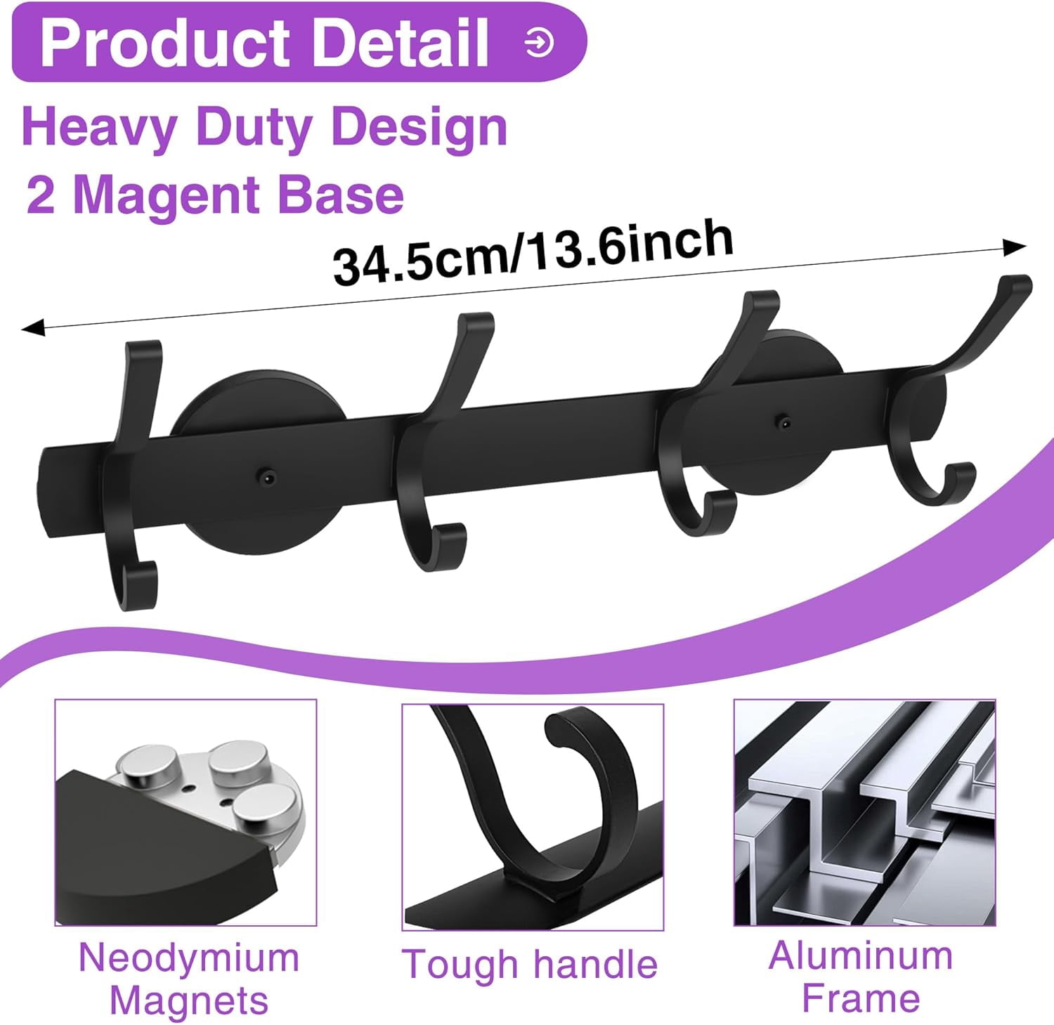 RGHJAR-Magnetic Coat Hooks Heavy Duty - Scratch-Free Metal Cabinet Hook,4-Hook Strong Rubber Magnetic Hanger for Refrigerator,Metal Cabinet,Hanging Coat, Towel, Bag, Backpack (Black 1PCS)