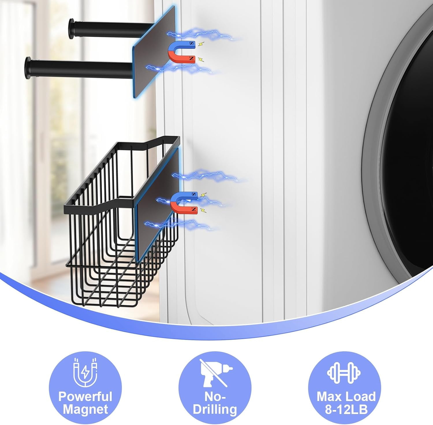 RGHJAR-Magnetic Dryer Ball Holder and Magnetic Hanger Holder for Laundry Room Organization, Extendable Hanger Organizer Stacker, Magnet Lint Bin, Metal Basket Dryer Ball Container Set (Black)