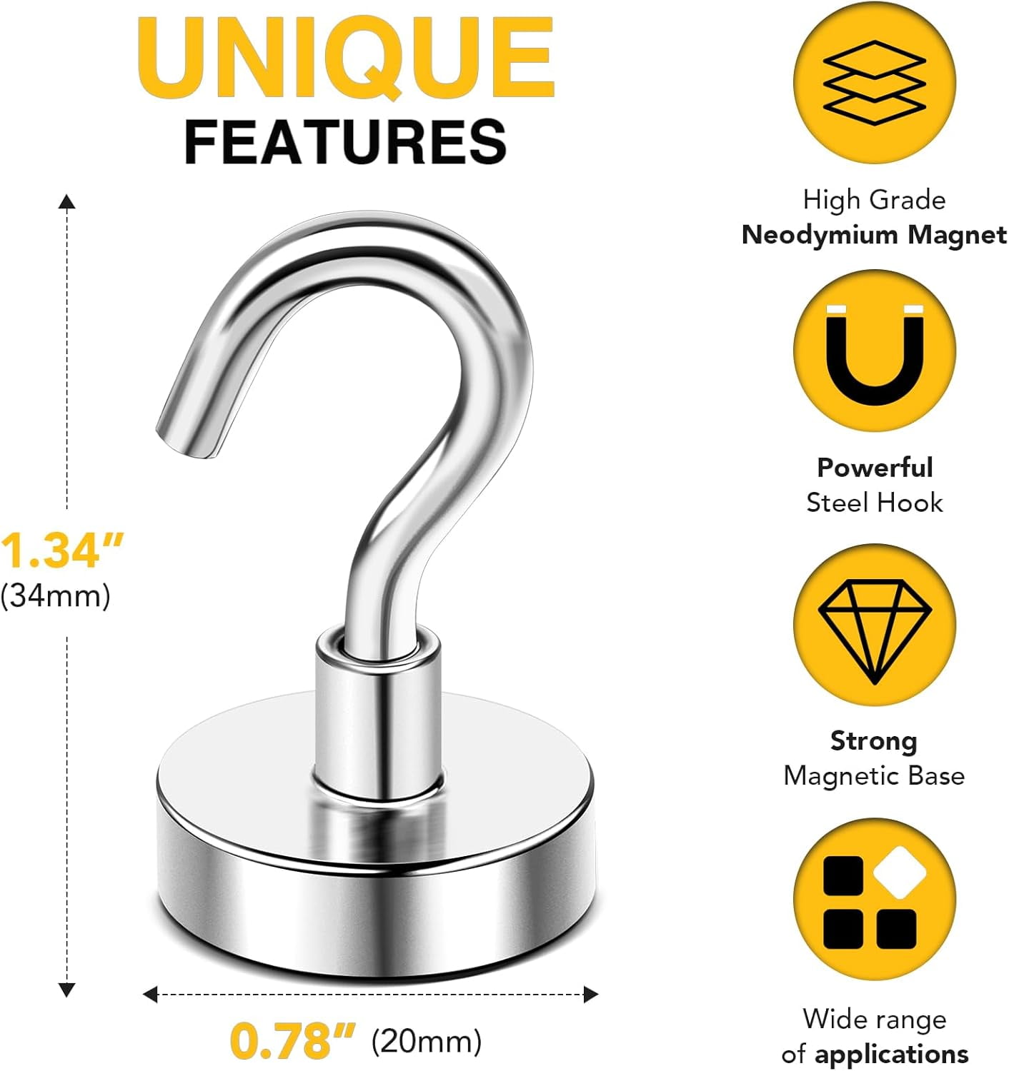 RGHJAR-Magnetic Hooks, 50 LB Heavy Duty Magnet with Hook, 10 Packs Strong Rare Earth Neodymium Magnets for Hanging, Magnetics Hanger for Curtain, Home, Kitchen, Workplace