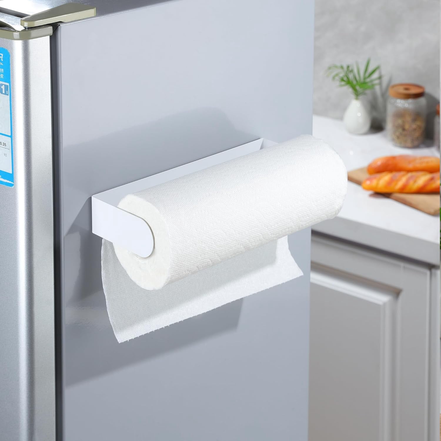 RGHJAR-Magnetic Paper Towel Holder - Multifunctional White Paper Towel Rack with Strong Magnetic Fit Most Size Paper Towels for Refrigerator, Rv, Garage, BBQ