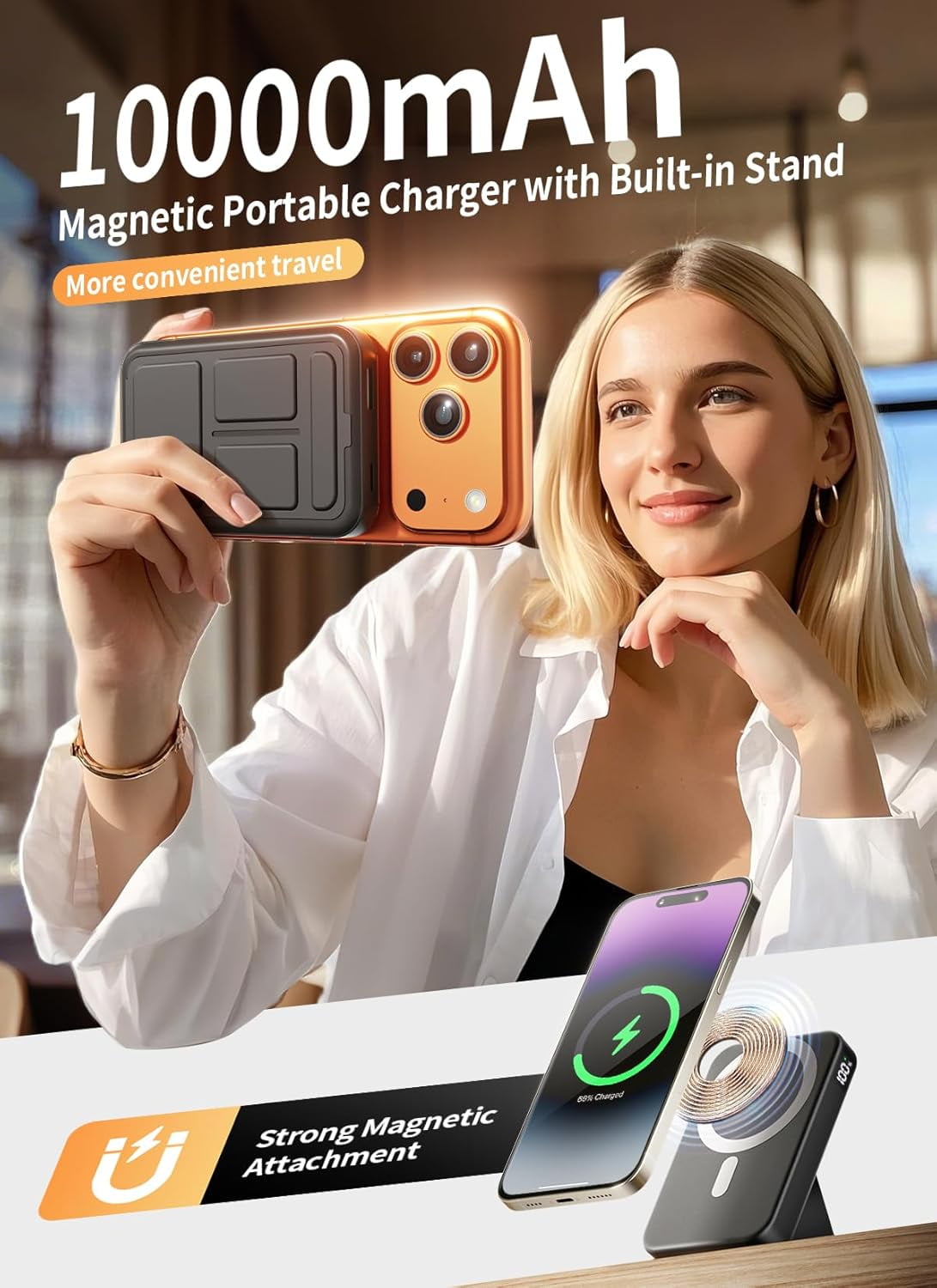 RGHJAR-Magnetic Portable Charger, 10000mAh Power Bank Compatible with MagSafe, 20W Fast Charging, Foldable Wireless Battery Pack for iPhone 17/16/15/14 All Series, Travel Essentials