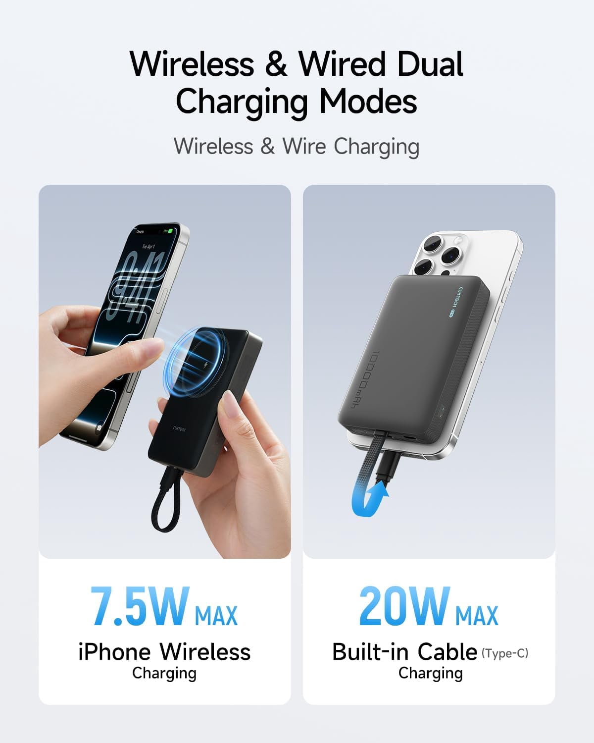 RGHJAR-Magnetic Power Bank, 10000mAh Portable Charger, 20W Fast Charging & 7.5W Wireless, Built-in USB-C Cable, Battery Pack for iPhone 15/16/17 Series, Samsung, for Travel, Work & Daily Use
