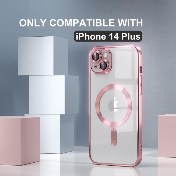 RGHJAR-Magnetic for iPhone 14 Plus Case Compatible with MagSafe [Never Yellowing] [Military Grade Drop Protection] Full Camera Lens Protector Plating Soft Clear Phone Case for Women Girls, Pink