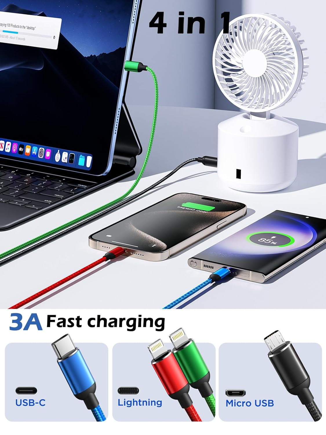 RGHJAR-Multi Charging Cable, [2Pack 6Ft] 4 in 1 Fast Multi Charging Cord Nylon Braided Multiple Charger Cable USB Cable Adapter for IP/Type C/Micro USB Port for Cell Phones Tablets Samsung Galaxy
