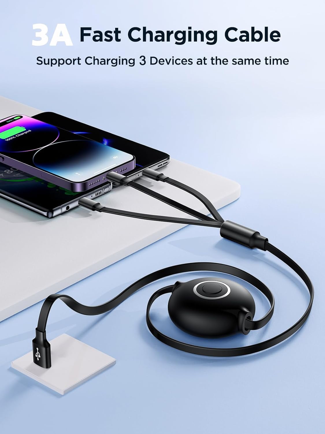 RGHJAR-Multi Charging Cable 3A Retractable Multi Charging Cord 3 in 1 Fast Charger Multiple Charger USB Cable with Lightning/Type C/Micro USB for Cell Phones/IP/Galaxy/PS/Tablets/iPads