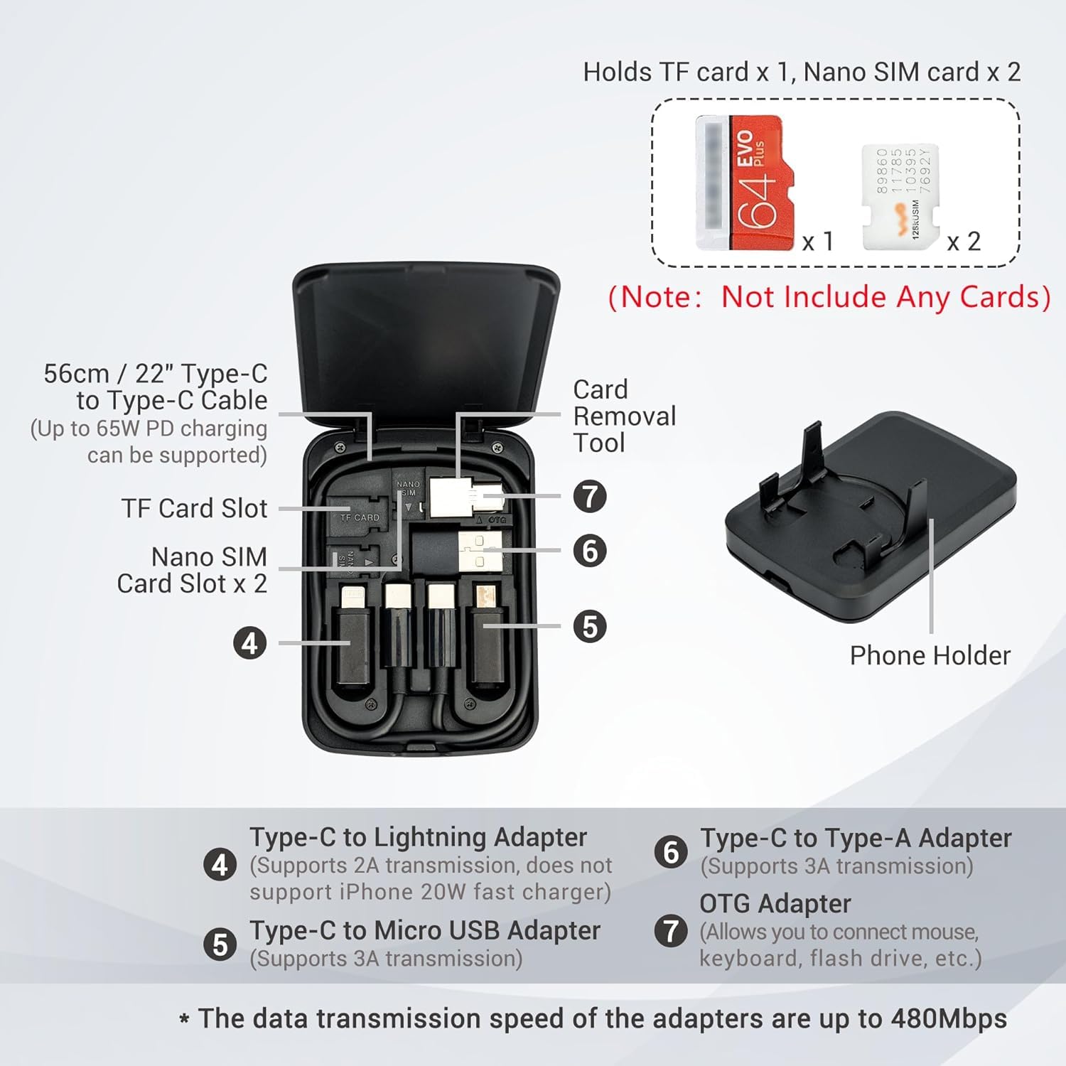 RGHJAR-Multi-Functional Compact Cable Card with 22" USB-C Cable & USB-A/Micro-USB/Light/OTG USB Adapter Kit Cable Convertor Storage Box for Traveling Phone Pad Charging PC Computer Data Transfer