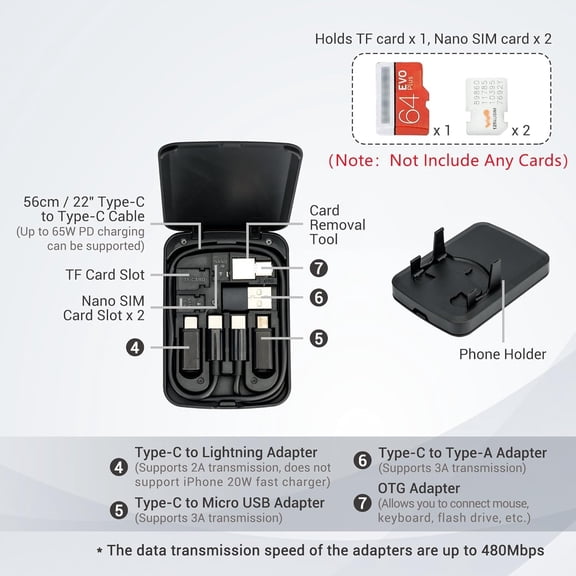 RGHJAR-Multi-Functional Compact Cable Card with 22" USB-C Cable & USB-A/Micro-USB/Light/OTG USB Adapter Kit Cable Convertor Storage Box for Traveling Phone Pad Charging PC Computer Data Transfer