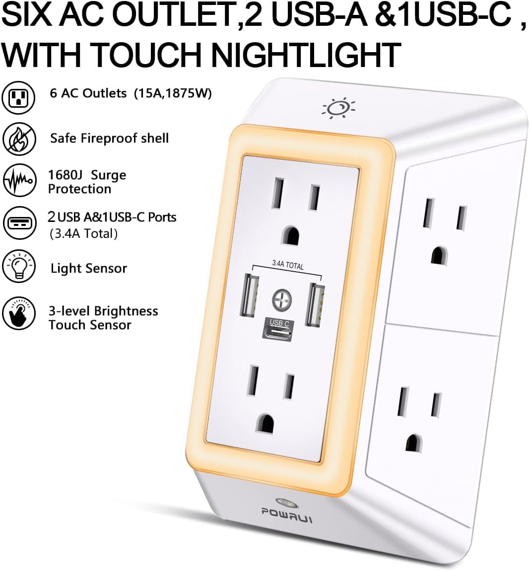 RGHJAR-Multi Plug 6 Outlet Surge Protector Extender with 3 USB Ports (1 USB C) and Night Light, 3-Sided Power Strip with Adapter Spaced Outlets, ETL Listed, White