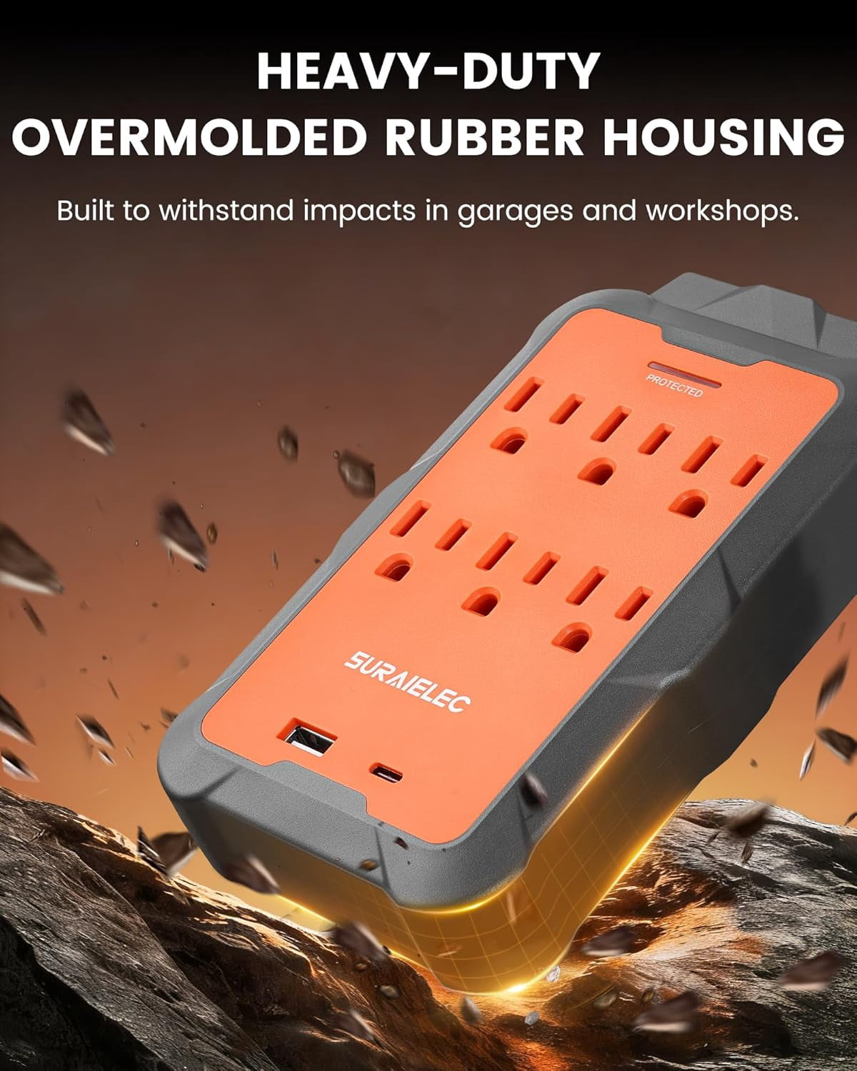RGHJAR-Multi Plug Wall Outlet Surge Protector Extender with USB-A & USB-C, 6 AC Outlets, Overmolded Rubber Housing, 980J Surge Protection, Heavy Duty for Workshop, Garage, ETL Listed