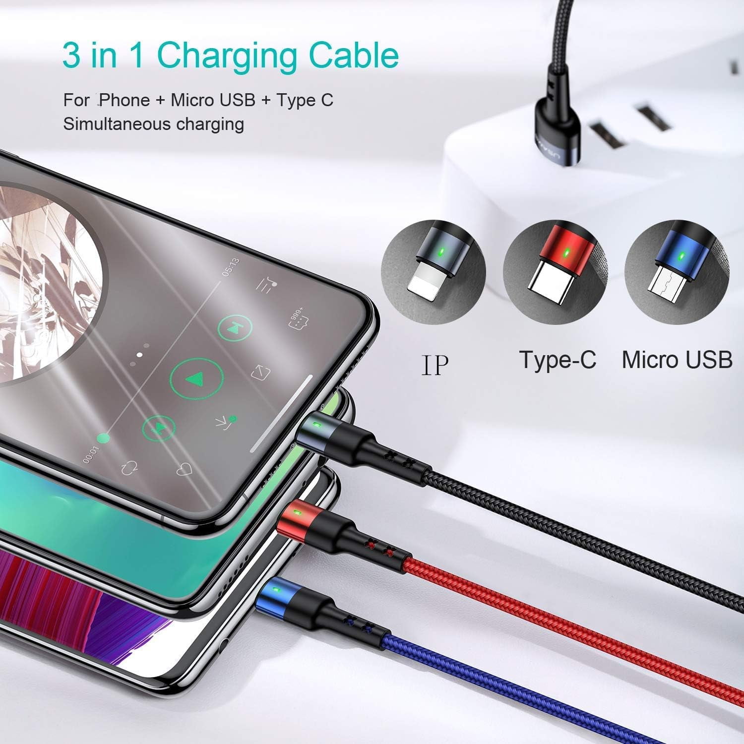 RGHJAR-Multi USB Cable 1ft 2Pack Short 3 in 1 Charging Cable Nylon Braided Adapter with Type-C Micro USB Port Connectors for Cell Phones and More