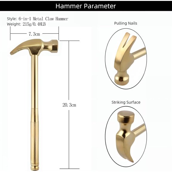 RGHJAR-Multifunction Hammer 6 in 1 with Slotted/Flat Head Phillips Screwdriver Claw Hammer Manual, Portable Metal Mini Tool Hammer (Gold)