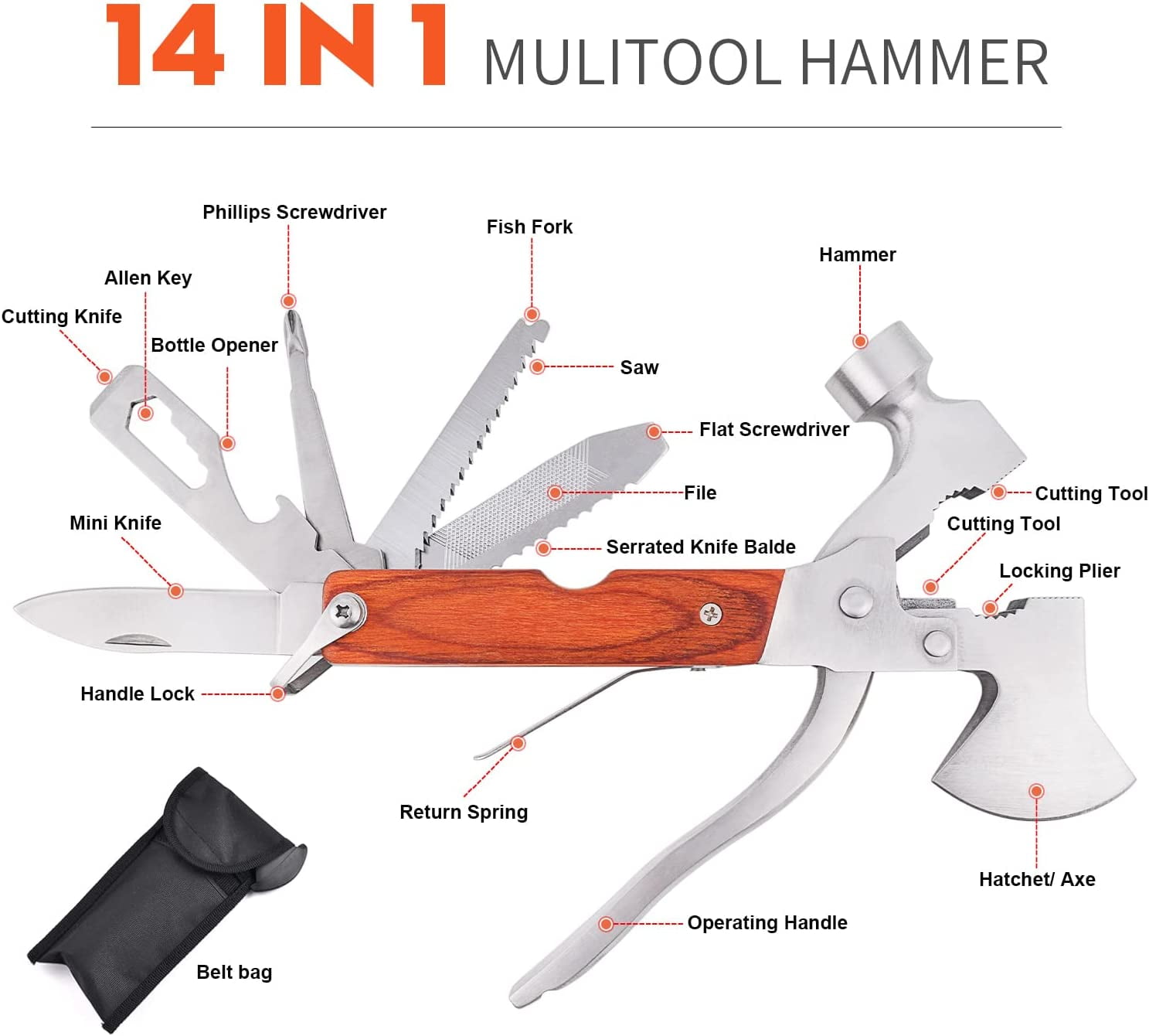 RGHJAR-Multitool Hammer Camping Gear Accessories Survival Kits 14 in 1 Multifunction Tool Portable Folding Wood Handle Stainless Steel Multipurpose Equipment For Outdoor Hiking Hunting Tactic Unique