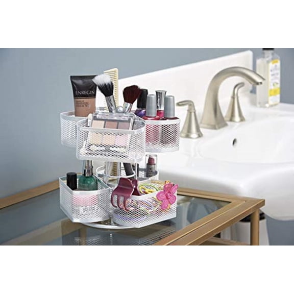 RGHJAR-Nifty 2-Tier Cosmetic Organizing Carousel - White Powder Coat Finish, Spins 360-Degrees, Cosmetic Bathroom or Bedroom Vanity Storage, Beauty Supplies Organizer, Lazy Susan Platform