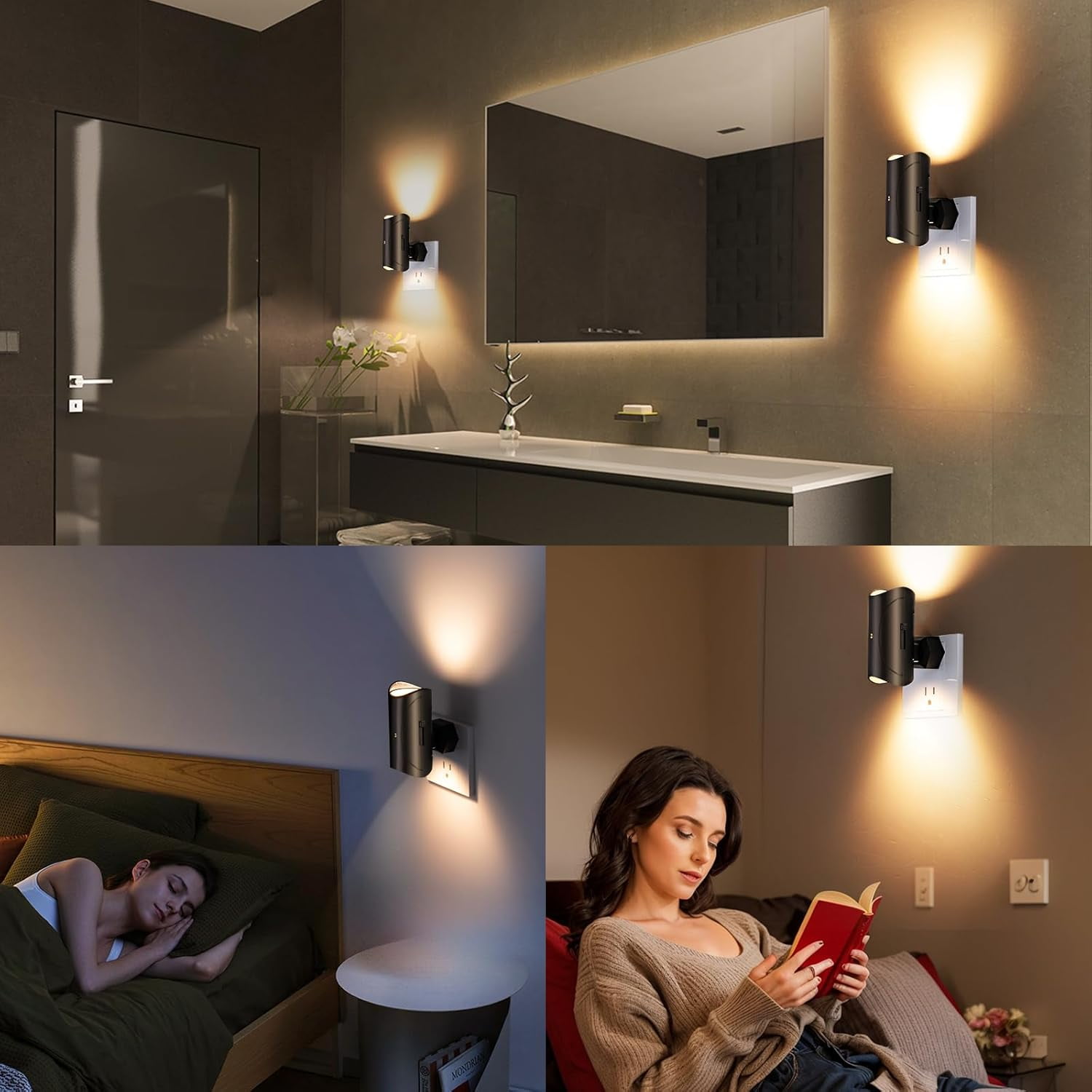 RGHJAR-Night Light, 2 Pack LED Night Lights Plug into Wall, Soft White 3000K, 0-100LM Adjustable Brightness Nightlight for Hallway Bedroom