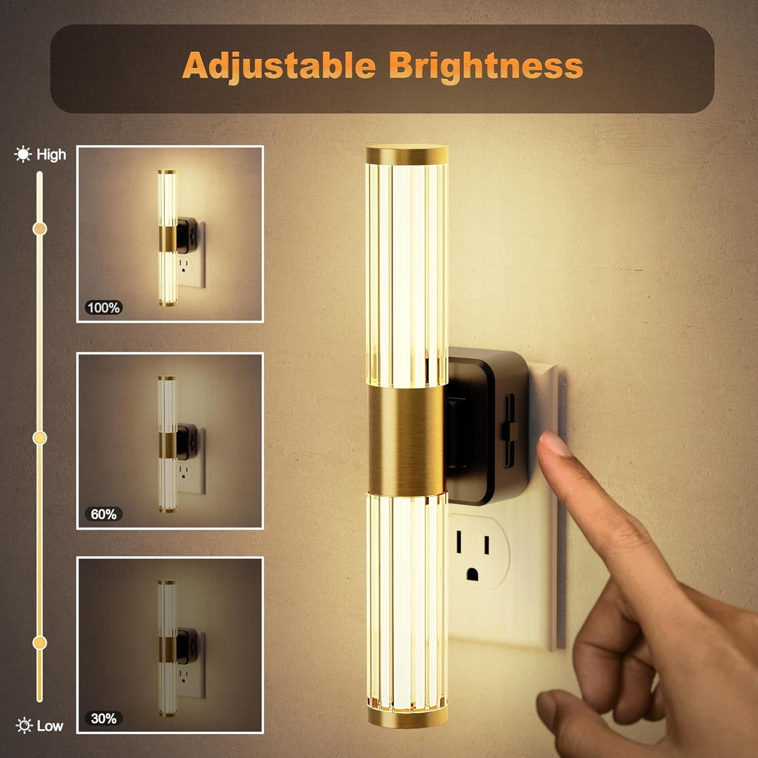 RGHJAR-Night Light, Night Lights Plug into Wall, Soft White 3000K, 0-100LM Dimmable Night Light, Vanity Light Bar for Hallway, Bathroom, Rooms
