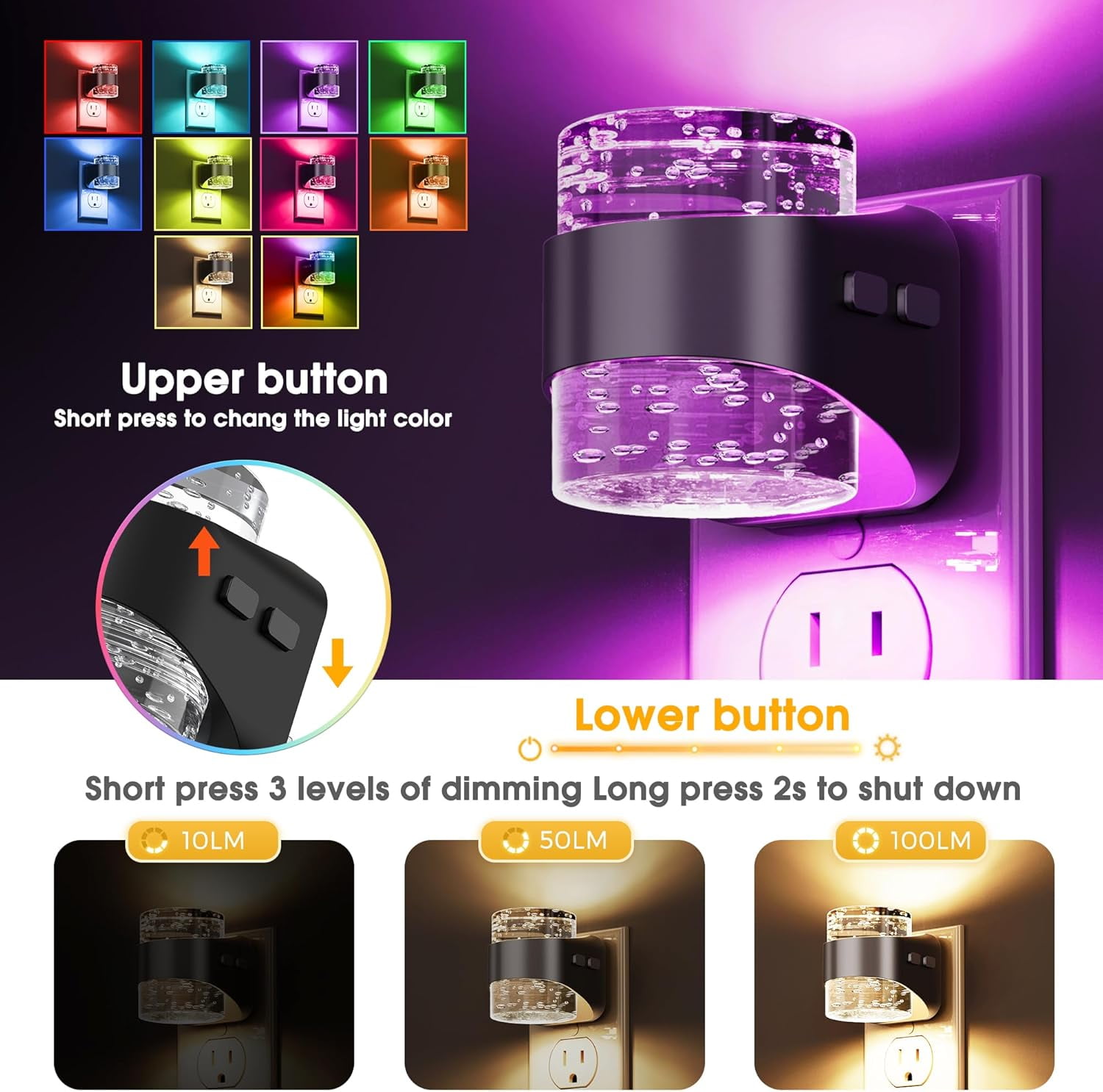 RGHJAR-Night Light, RGB Bubble Night Lights Plug into Wall, 10-Color Change Night Light,Dimmable Nightlights with Dusk to Dawn Sensor for Rooms Bathroom Hallway