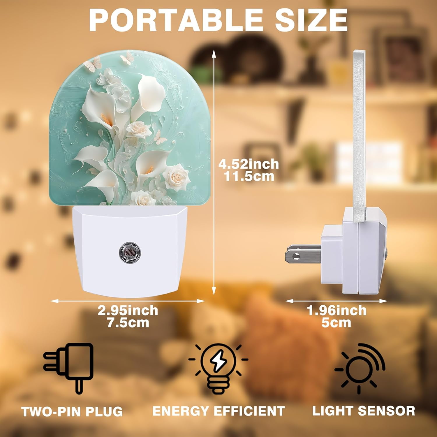 RGHJAR-Night Light, White Calla Lilies and Butterflies Night Lights Plug into Wall Dusk to Dawn Sensor Round Nightlight for Women Men Energy Efficient Led Lamp 0.5W for Stairway Hallway Bedroom