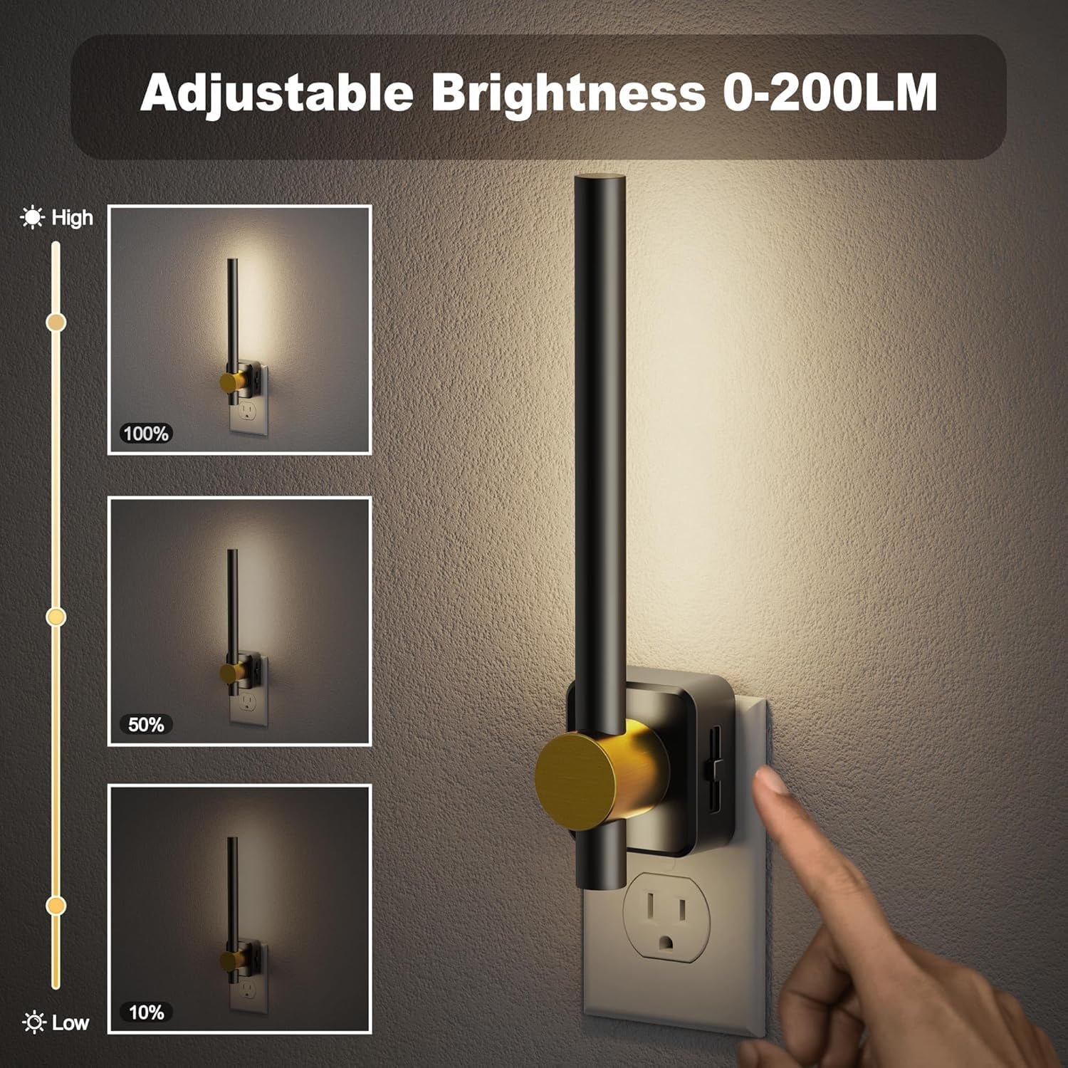 RGHJAR-Night Lights Plug into Wall,0-200LM Dimmable LED Nightlights, Daylight White 5000K Vanity Night Light with Auto Light Sensor for Bathroom Dressing Room, 1 Pack