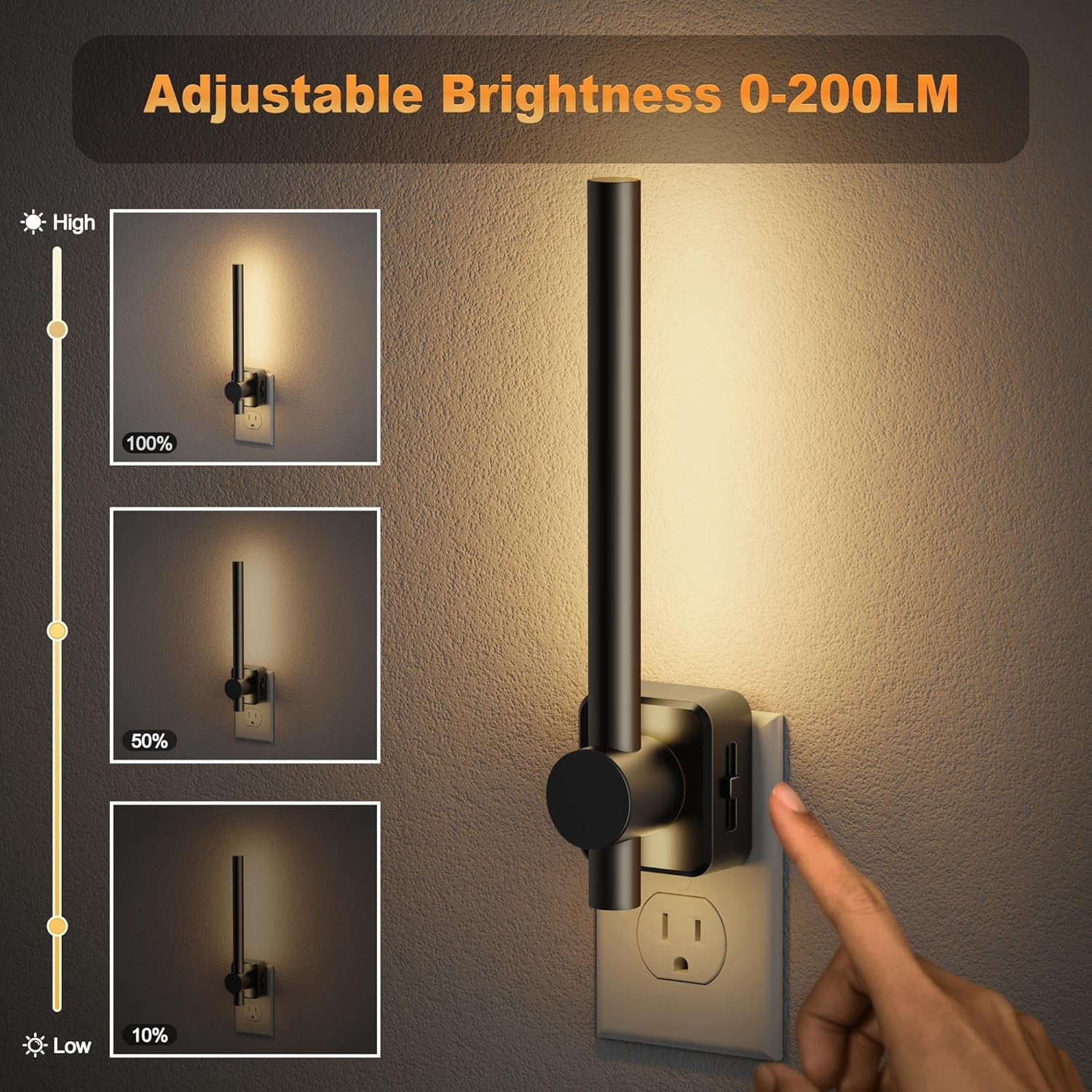 RGHJAR-Night Lights Plug into Wall,0-200LM Dimmable LED Nightlights, Soft White 3000K Vanity Night Light with Auto Light Sensor for Bathroom Dressing Room, 1 Pack