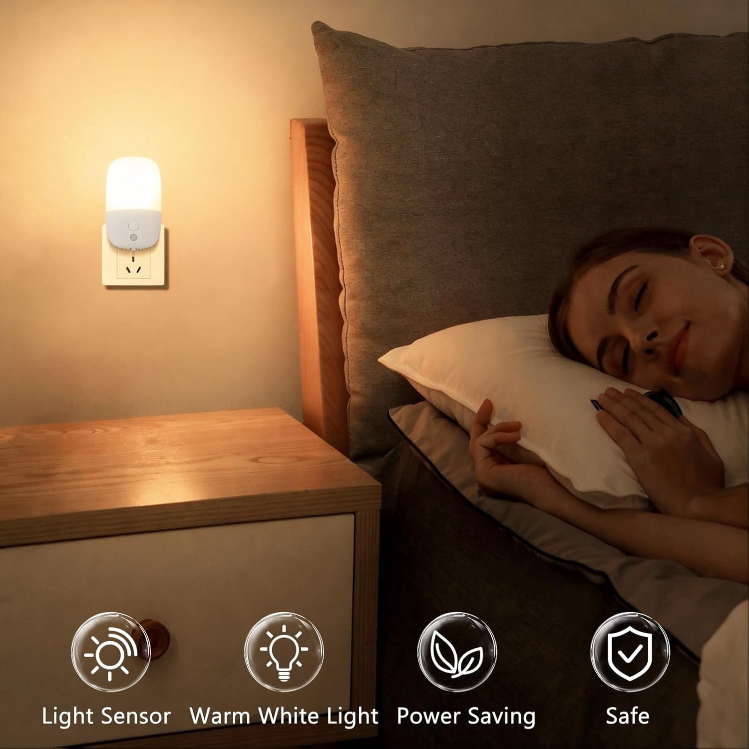 RGHJAR-Night Lights Plug into Wall, 2 Pack Dimmable Night Light with Dusk to Dawn Light Sensors, Warm White LED Nightlights for Bathroom Bedroom Kitchen Hallway Stairs